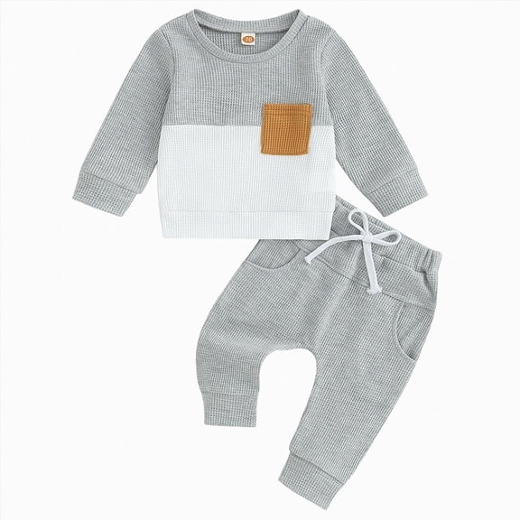 Wonitaaizi Toddler Baby Boy Clothes Outfit Color Block Sweatshirt Joggers Pants Set Fall Winter (18-24 Months,Grey)
