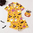 thumbnail image 2 of RUTAYY Girls Halloween Pajama Set Bow Candy Ghost Pumpkin Graphic 2 Piece Button Down Short Sleeve Sleepwear Daily Home Use Yellow, 2 of 4
