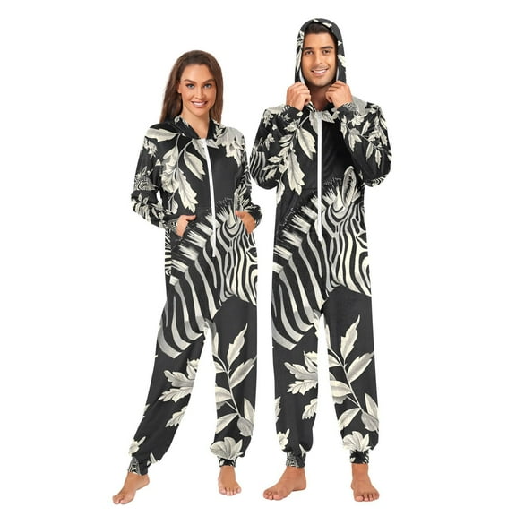 Zebra and Leaves Adult Onesie Pajamas Slim Fit Christmas One Piece Suit Pjs for Women and Men Hooded Zipper