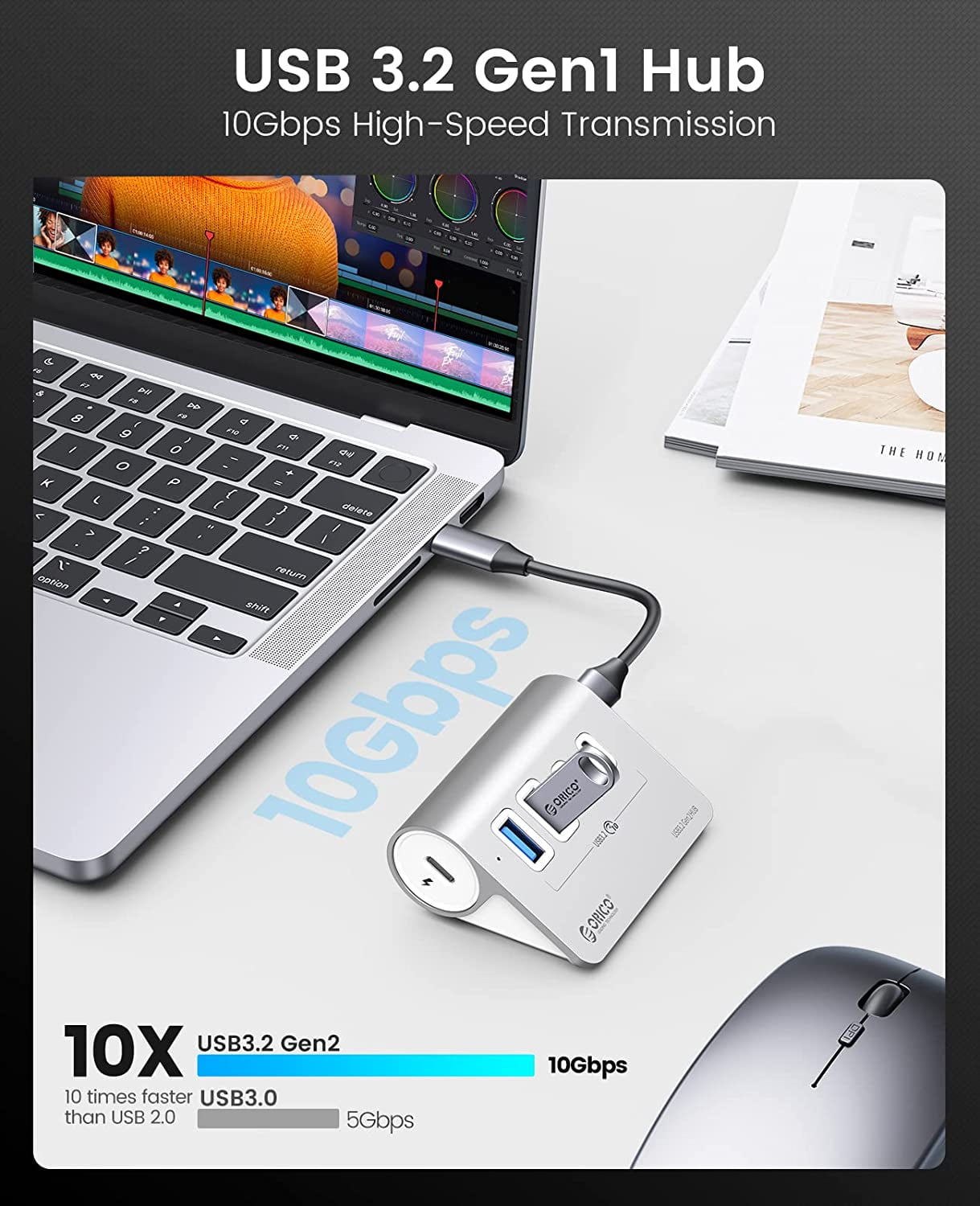 ORICO USB Hub for Laptop Desk USB Splitter Hub Mini Hub with 1.64ft USB-C Cable-10Gbps USB 3.2 Gen 2 USB Adapter for iMac, MacBooks, Laptop, Xbox, Flash Drive