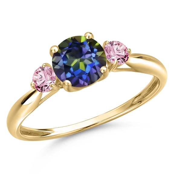 Gem Stone King 10K Yellow Gold Blue Mystic Topaz and Pink Lab Grown Diamond 3-Stone Ring for Women | 1.26 Cttw | Round 6MM | Gemstone November Birthstone | Size 8