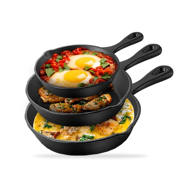 CASA LITUS Sartenes de Hierro Fundido (3 Pz. de 16, 21 y 27 cm) para Cocinar en Estufa, Horno, Asador, Fuego Directo, Resistente a Alta Temperatura, Antiadherentes Sin Teflón, Duraderos y R