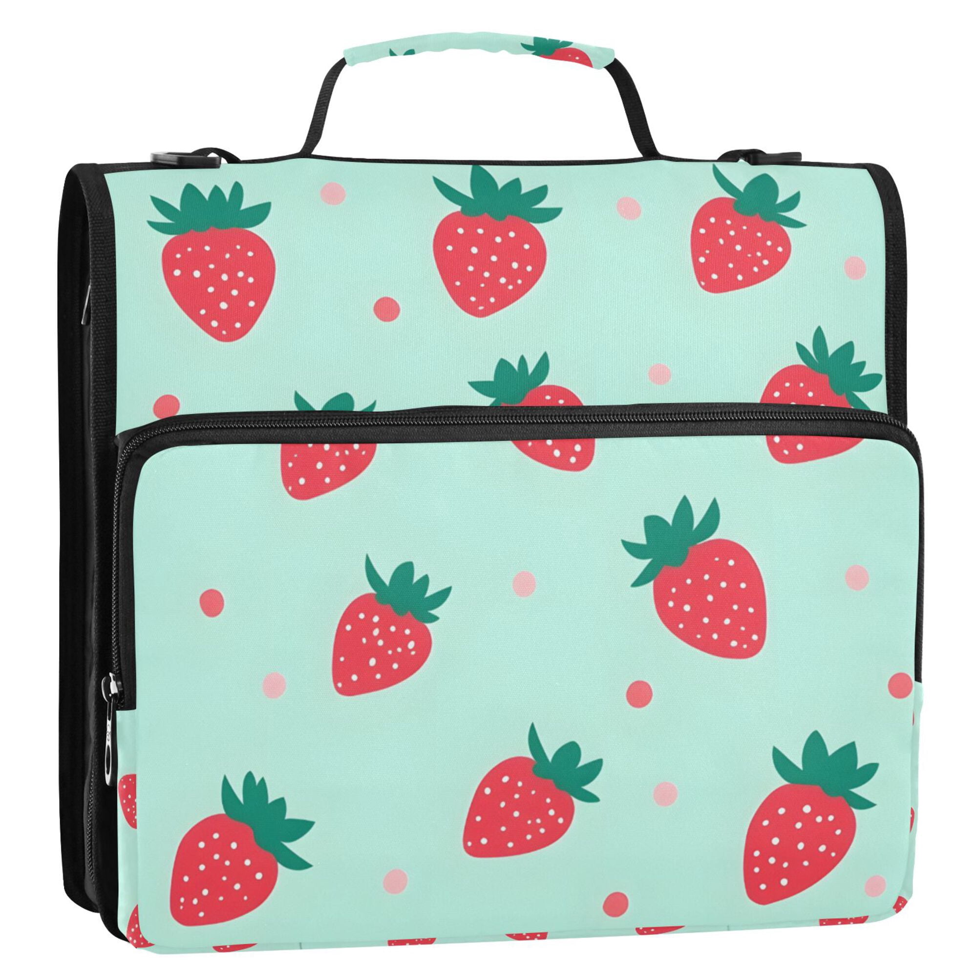 FORMRS Zipper Binder with Shoulder Strap 2-inch Ring 500 Sheet Capacity File Bag, Green Strawberry