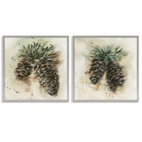 Stupell Industries Watercolor Drawing Pine Cones Plants & Flowers Painting Gray Framed Art Print Wall Art, 24 x 24, Set of 2
