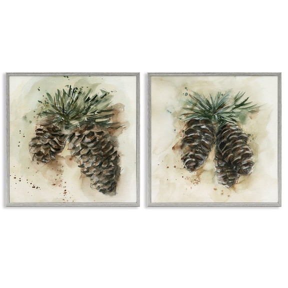Stupell Industries Watercolor Drawing Pine Cones Plants & Flowers Painting Gray Framed Art Print Wall Art, 24 x 24, Set of 2