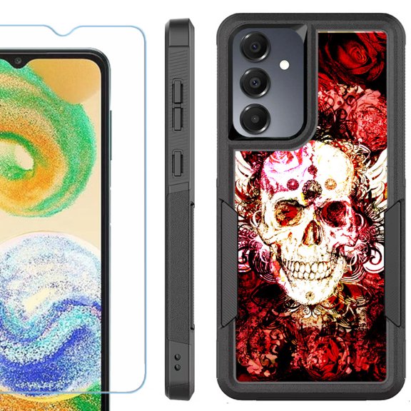 Heavy Duty Dual Layer Hybrid Phone Case for Samsung Galaxy S24 FE 5G with Tempered Glass Screen Protector, by OneToughShield - Rose Skull