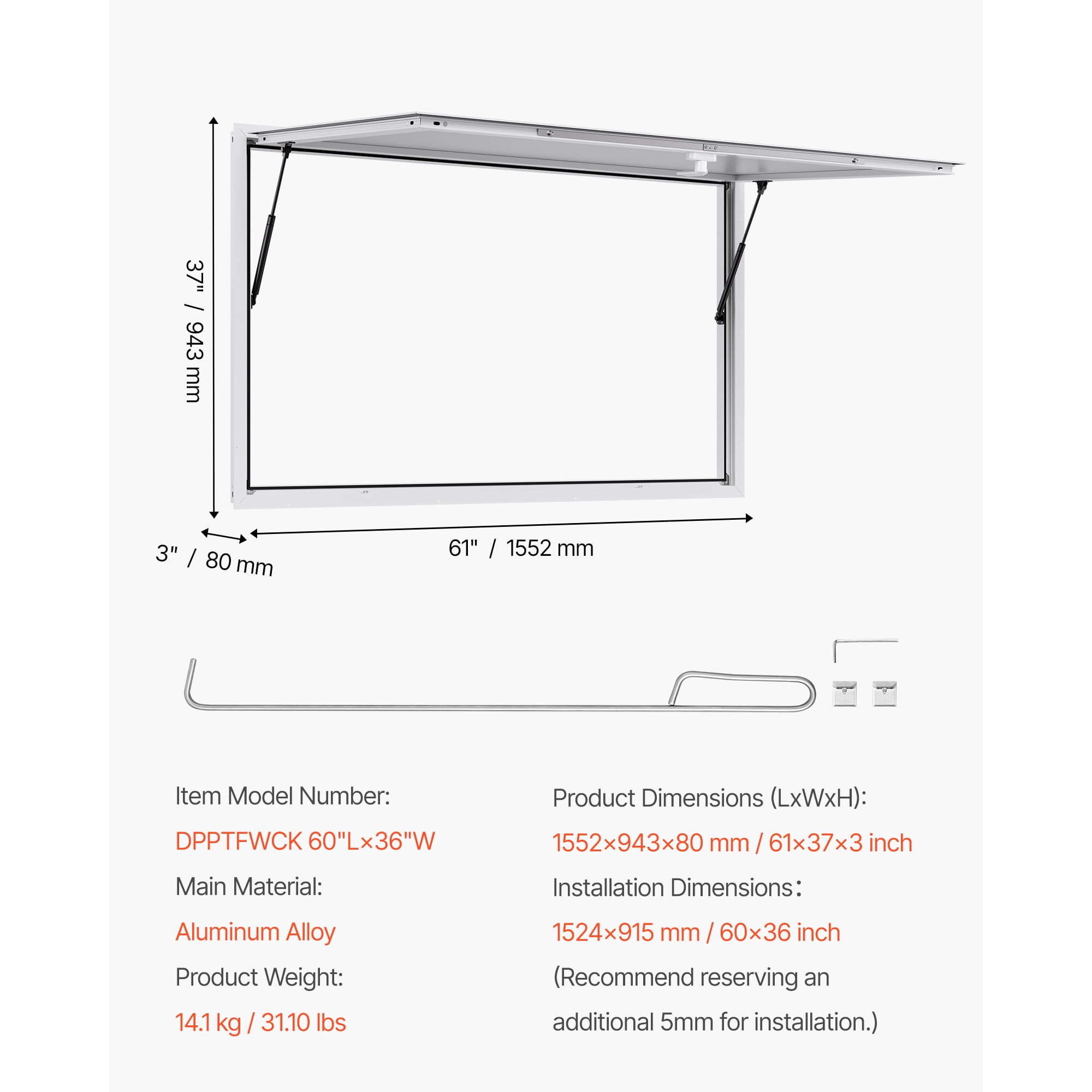 KFFKFF Concession Window 60x36 in, Aluminum Alloy Frame Service Window for Food Trucks, 85-Degree Opening Serving Window with Awning Door and Drag Hook, Water-Resistant Design for Trailers