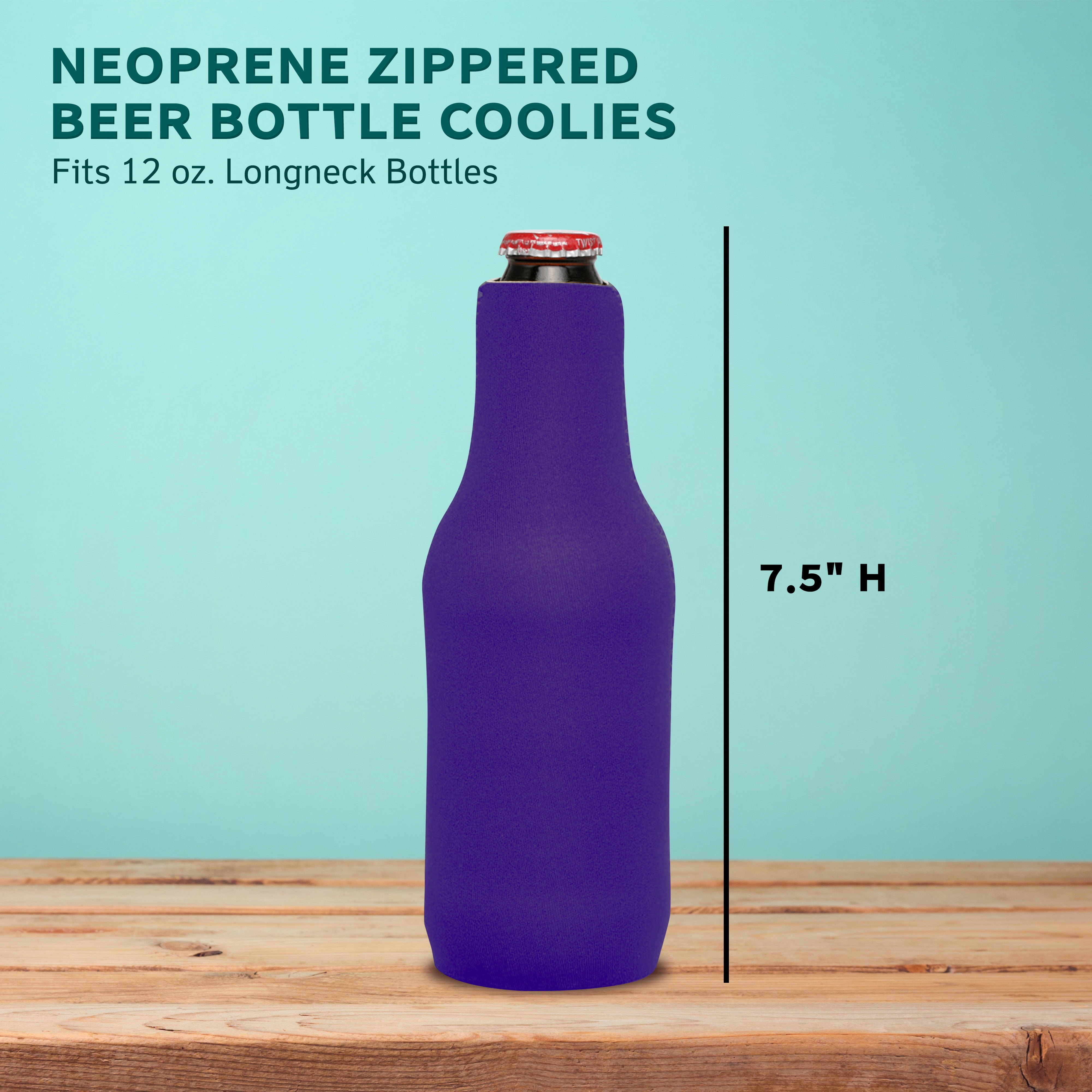 10 Neoprene Zippered Beer Bottle Coolies Pack - Sharkskin Rubber Bottom - Purple