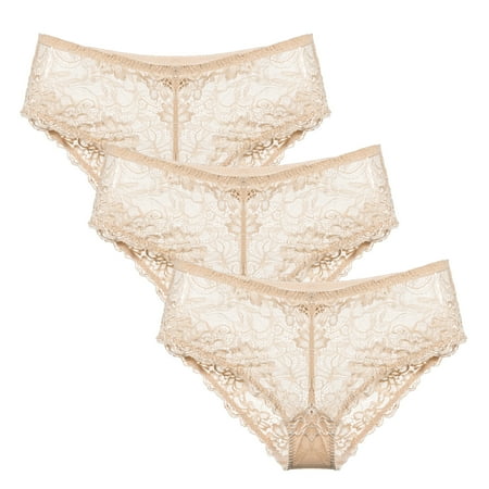 

Deyllo Women s Sexy Sheer Floral Lace Low Waist See Through Brief 3 Beige L