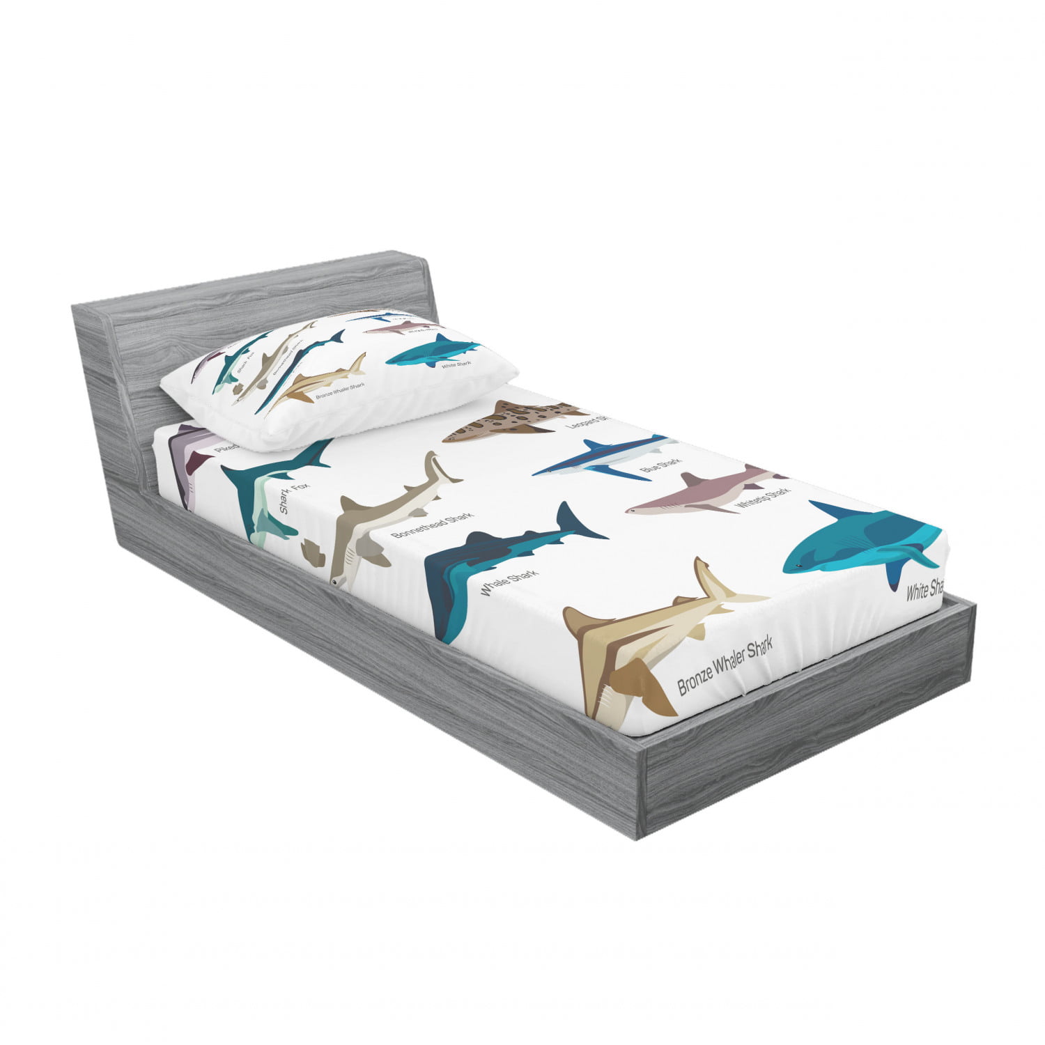 Shark Duvet Cover Set Include 1 Flat Sheet 1 Duvet Cover and 2 Pillow Cases Collection Types of Sharks Bronze Whaler Piked Dogfish Whlae Shark Maritime Design Twin XL Extra Long Bedding Set 