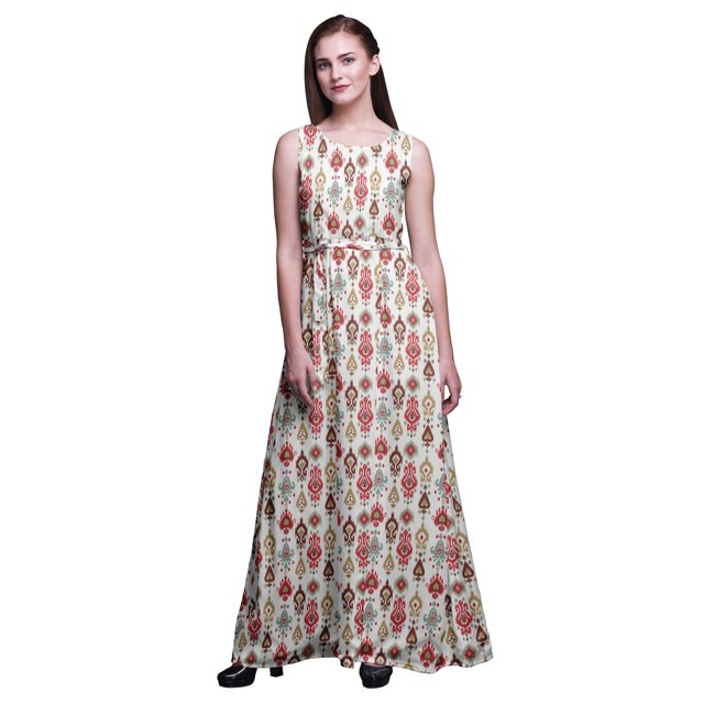 Bimba Robe Longue Sans Manches Imprimée Ikat pour Femmes Style Chic Maxi-Robe-Xxx-Grand