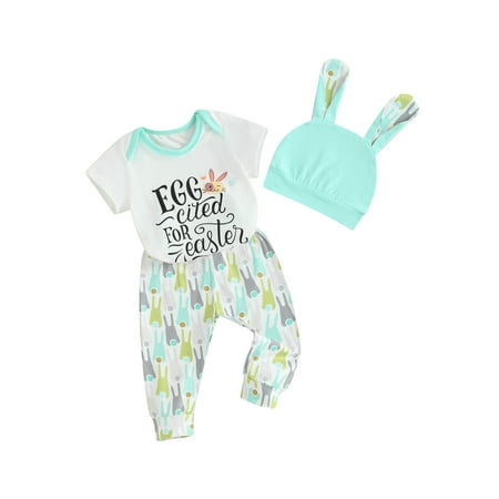 

Mioliknya Girl Short Sleeve Letter Bunny Print Romper Bunny Print Pants Hat Set
