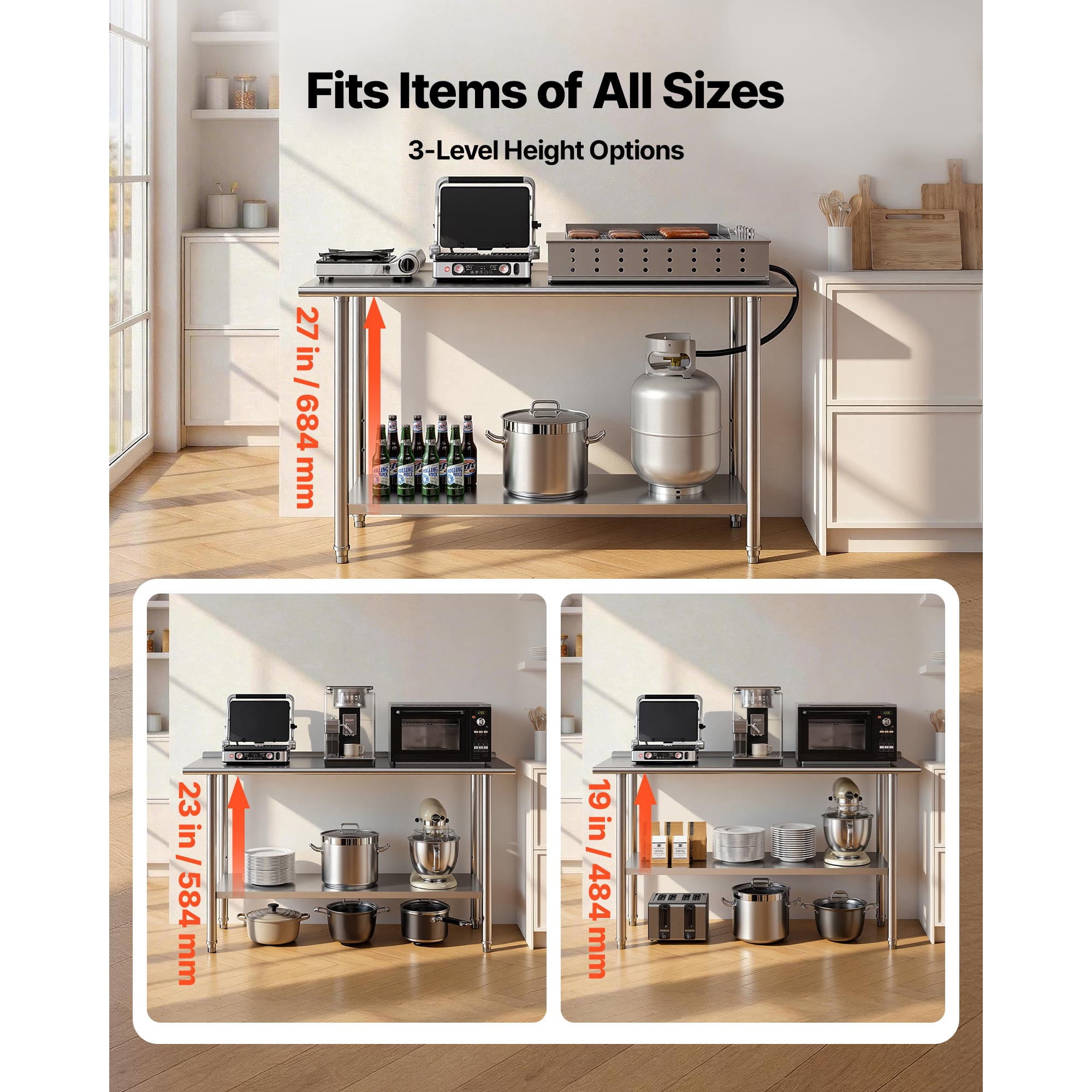 KFFKFF Stainless Steel Work Table, 24x60 Inch Food Prep Station with Backsplash, Commercial Kitchen Table with Adjustable Undershelf, Durable Metal Utility Workstation for Restaurant, or Outdoor Use