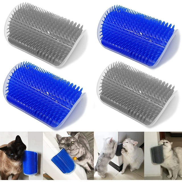Cat Self Groomer, 2 Pack Cat Grooming Brush featuring blue and grey soft bristles designed for wall or corner installation. The brushes are shown in a set of four, with images of cats using them for self-massage and grooming. Ideal for short and long fur cats, these brushes help collect shedding hair and reduce cleaning efforts. Easy to install with screws or tape and simple to disassemble for cleaning.
