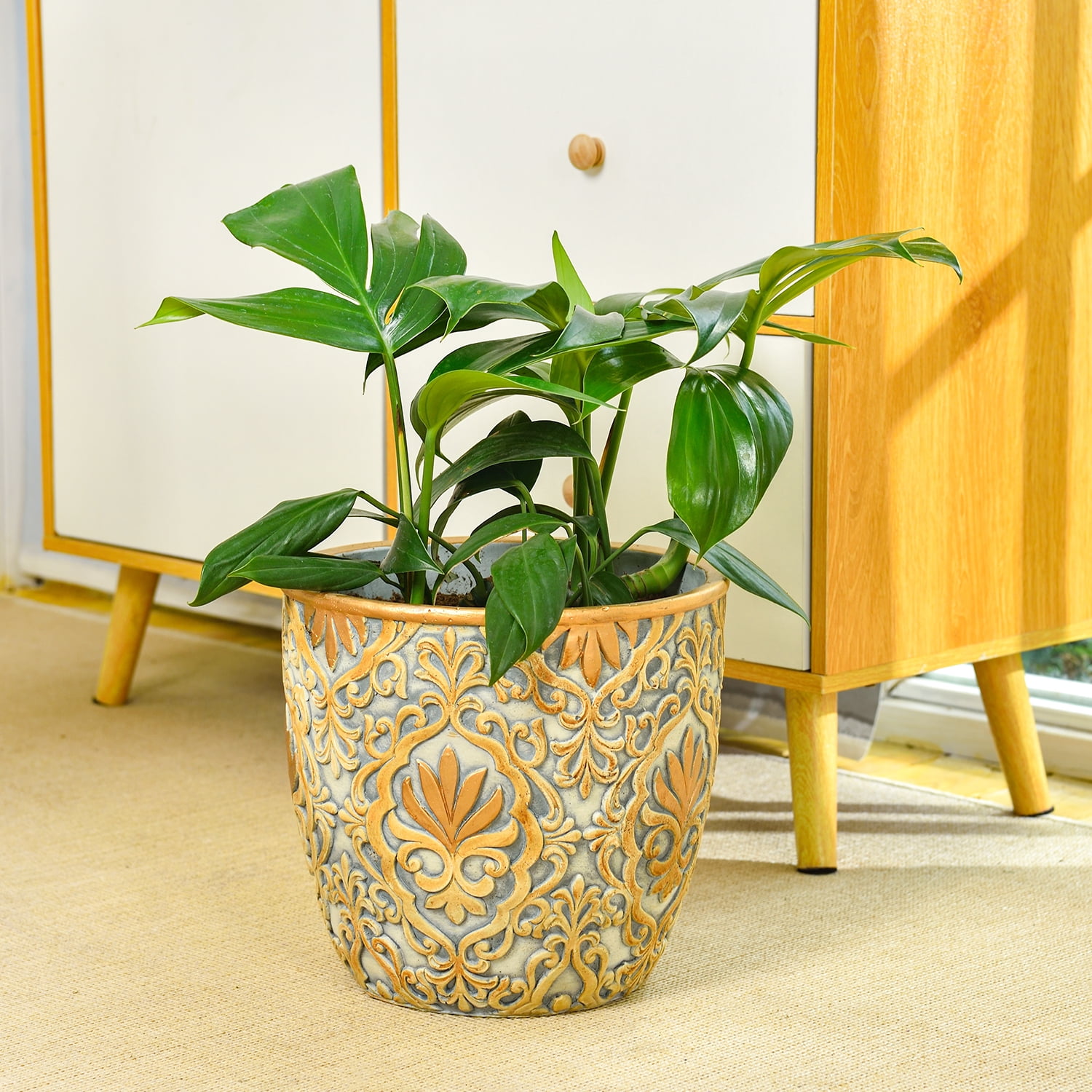 Sungmor Large Heavy Duty Cement Planters, Beautiful Embossed Concrete Garden Pots, 8" & 10" Set of 2 Plant Pots with Drainage Hole, Home Garden Decorative Flower Pots for Indoor Outdoor Plants Floral