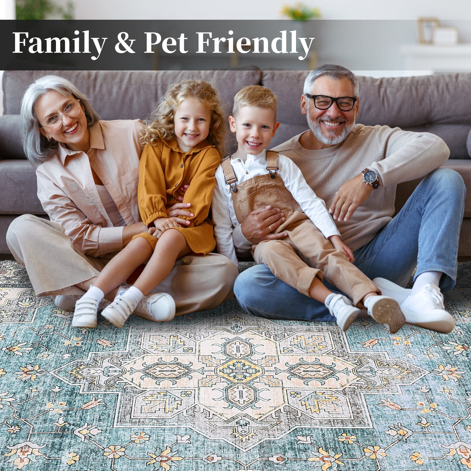 GlowSol 9'x12' Large Area Rugs for Living Room Vintage Persian Washable Rug Boho Rug Soft Floral Distressed Rug Non-Slip Low Pile Carpet, Teal
