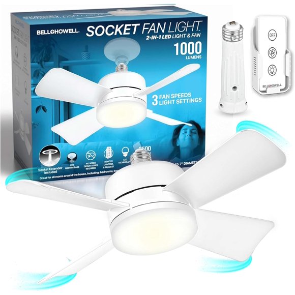 Bell + Howell Lumière de Ventilateur à Douille Blanche Ampoule DEL 2-en-1 1000 Lumens avec Télécommande 3 Vitesses 3 Réglages d'Éclairage Douille E26