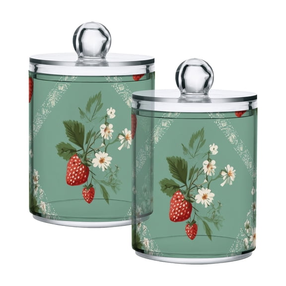 Strawberries Daisies on Mint Green Background Translucent Plastic Cans Storage Canisters with Lid Set of 2