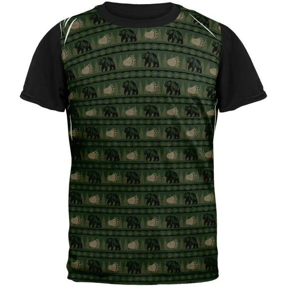 Grizzly Bear Adirondack Pattern Green All Over Mens Black Back T Shirt Multi SM