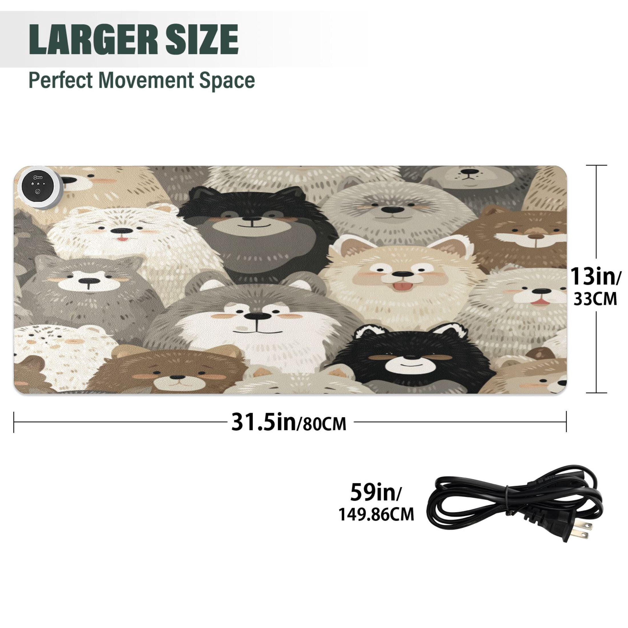 Large Heated Desk Mat Mouse Pad 31.5"x13"PU Leather Graphene Heating Desk Warmer with 3 Temperature Settings 110V US Plug Non-Slip Warm Pad for Home, Office, and Gaming Cute Fluffy Fur Family