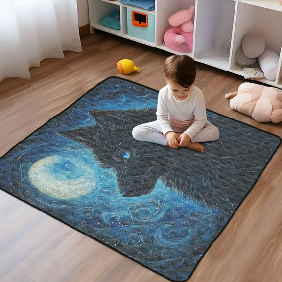 WOBOGO Cool Black Wolf Baby Playmats Extra Large Waterproof Rollable Activity Pads for Toddlers 50×50inch