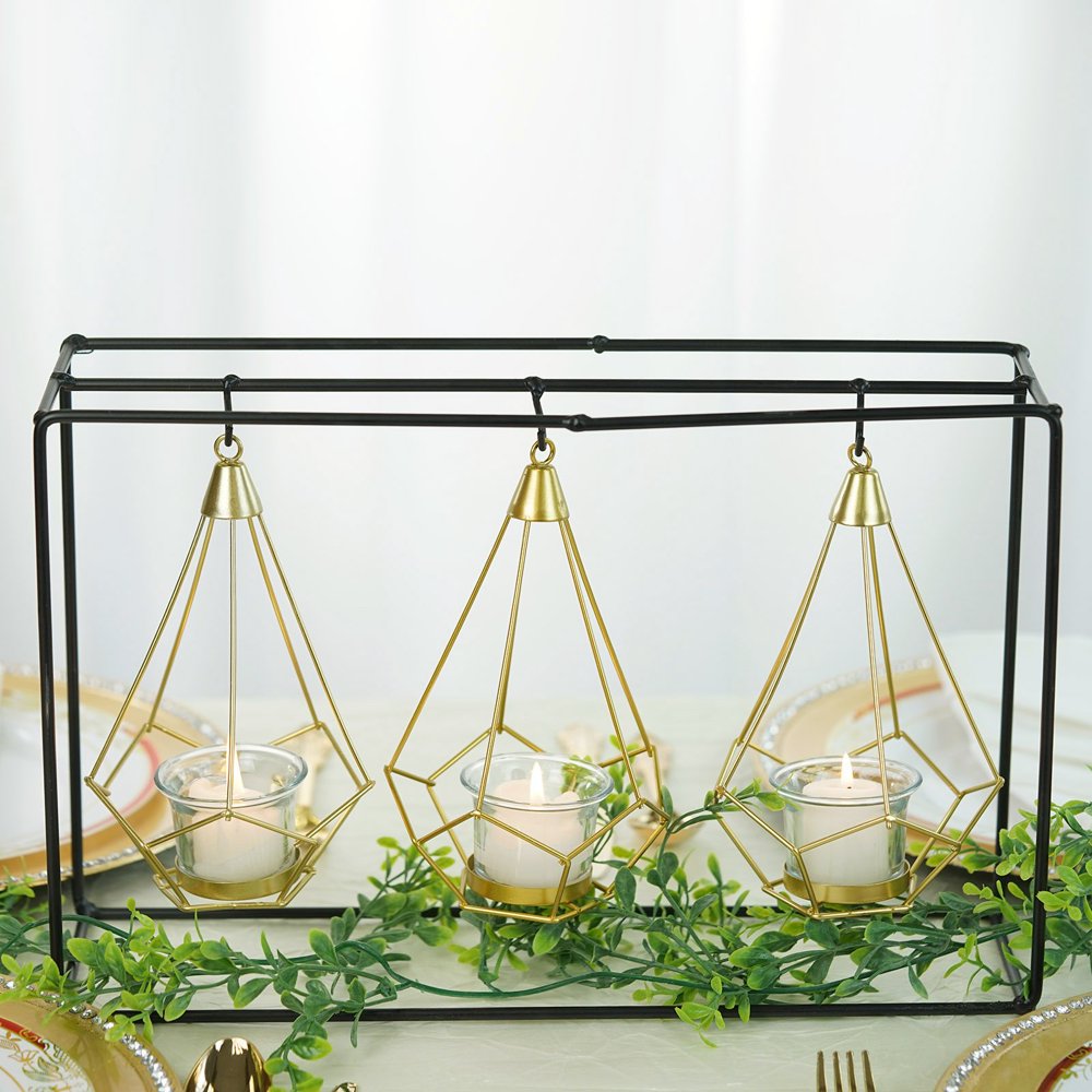 Efavormart Pack of 3 8" Gold Hanging Geometric Tealight Candle