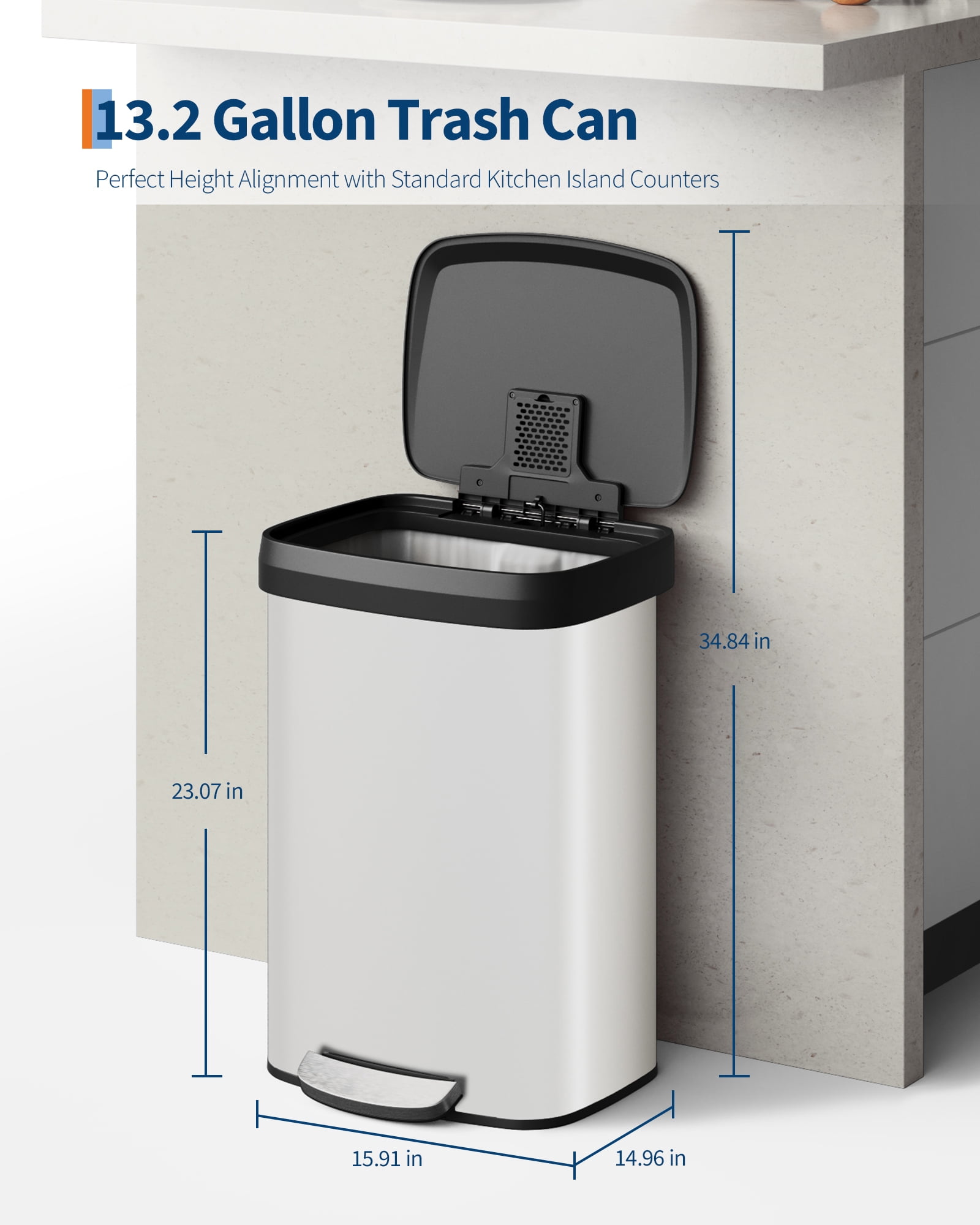 Hands-Free Step-On Kitchen Trash Can, 13 Gallon/50L – Rustproof White Metal Garbage Bin with Soft Close Lid, Odor Control, Liner Rim, Rear Handle, Durable Plastic Cover – White