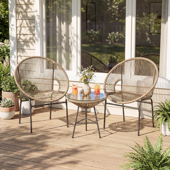 Costway 3-Piece Wicker Patio Bistro Set,Outdoor Acapulco Chairs and Tempered Glass Table Beige + Black