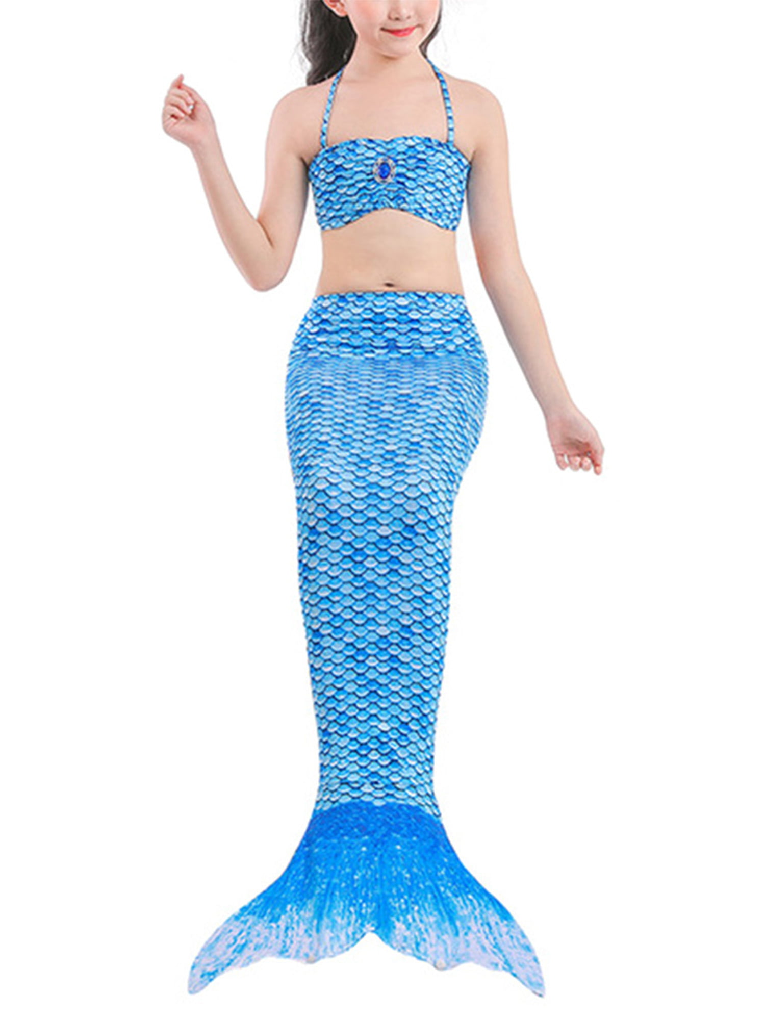 3Pcs Kids Girls Swimmable Mermaid Tail Bikini Swimsuit Set Swimming Costumes US