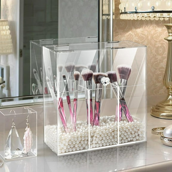 Makeup Brush Holder with Dustproof Lid, Acrylic Clear Organizer with 3 Compartments, White Pearls for Vanity, Bathroom, Bedroom