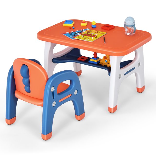 Gymax Kids Study Desk Dinosaur Table & Chair Set w/ Building Blocks Activity Orange