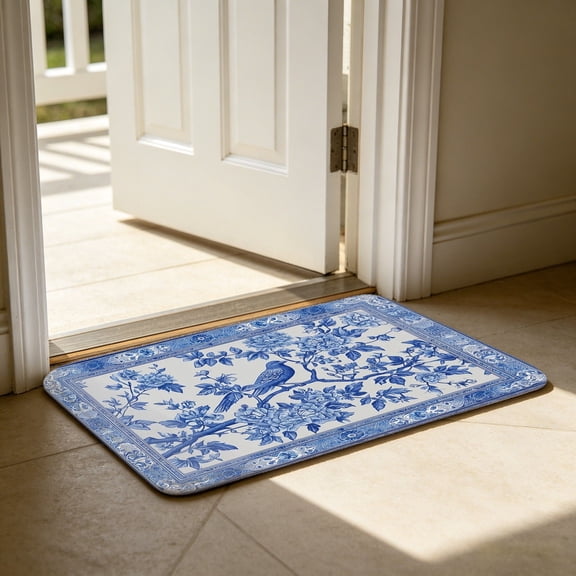 Blue White Chinoiserie Bird Floral Flannel Bath Mat, Bathroom Rug, 24"x36" Oversized Non‑Slip Absorbent Floor Rug