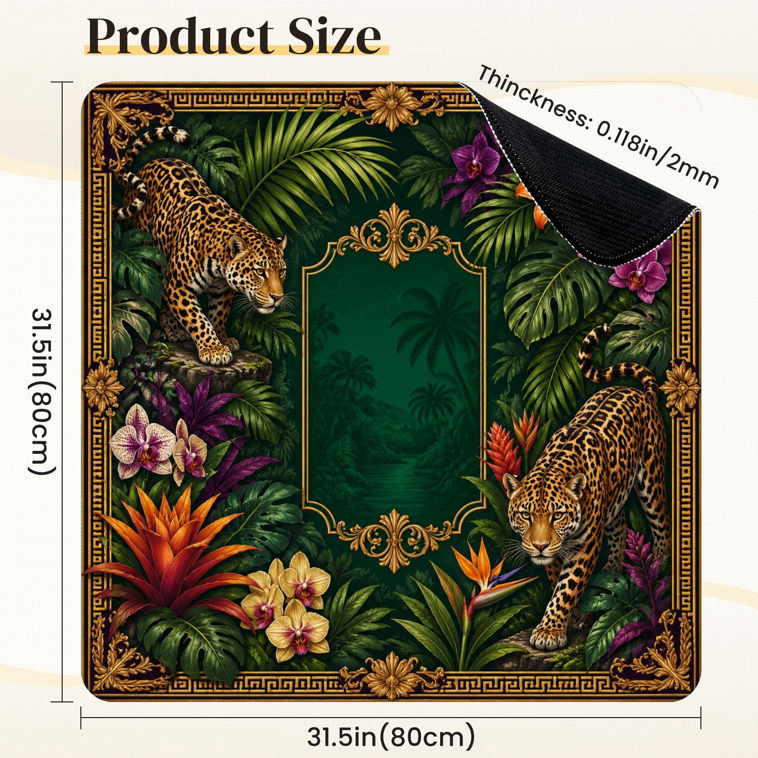 Mahjong Mat 31.5" x 31.5" Jungle Leopards Tropical Flowers Green Foliage Non-Slip Noise Reduction Mahjong Tiles Table Cover for Dominoes Poker Card Board and Tile Games