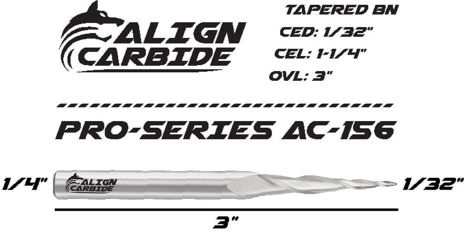 TAPERED BALL NOSE Router Bit, 1/32 Inch Cutting Diameter, 1/4 Inch Shank, Premium Solid Micro Grain Carbide, Spiral Plunge, 2 Flute, Ball Nose Cutting Face, CNC Router Pro-Series Item AC-156