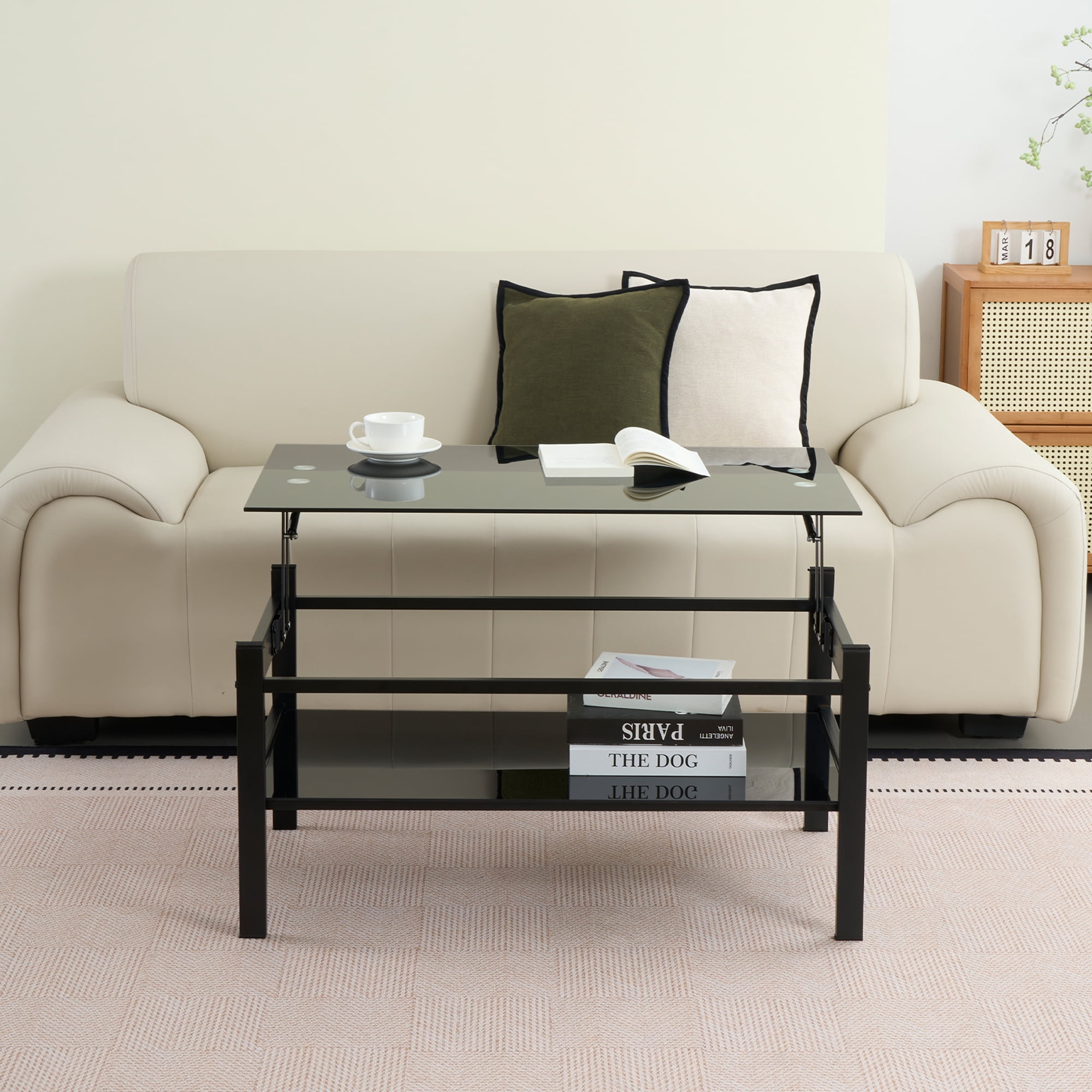 Glass Lift Top Coffee Table, Modern Simple 2-Layer Tempered Glass Coffee Table for Living Room, Black