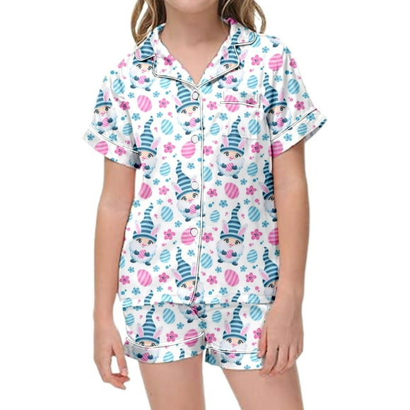 LUOGENLI Pyjamas pour Filles Taille 7-15 Ensembles d'Été 2 Ensembles de Pyjama pour Enfants avec Imprimé Pygmée de Pâques et Imprimé Oeuf de Pâques Chemise à Manches Courtes Boutonnée Shorts Ensembles de Pyjama Bleu Clair 2-3 Ans