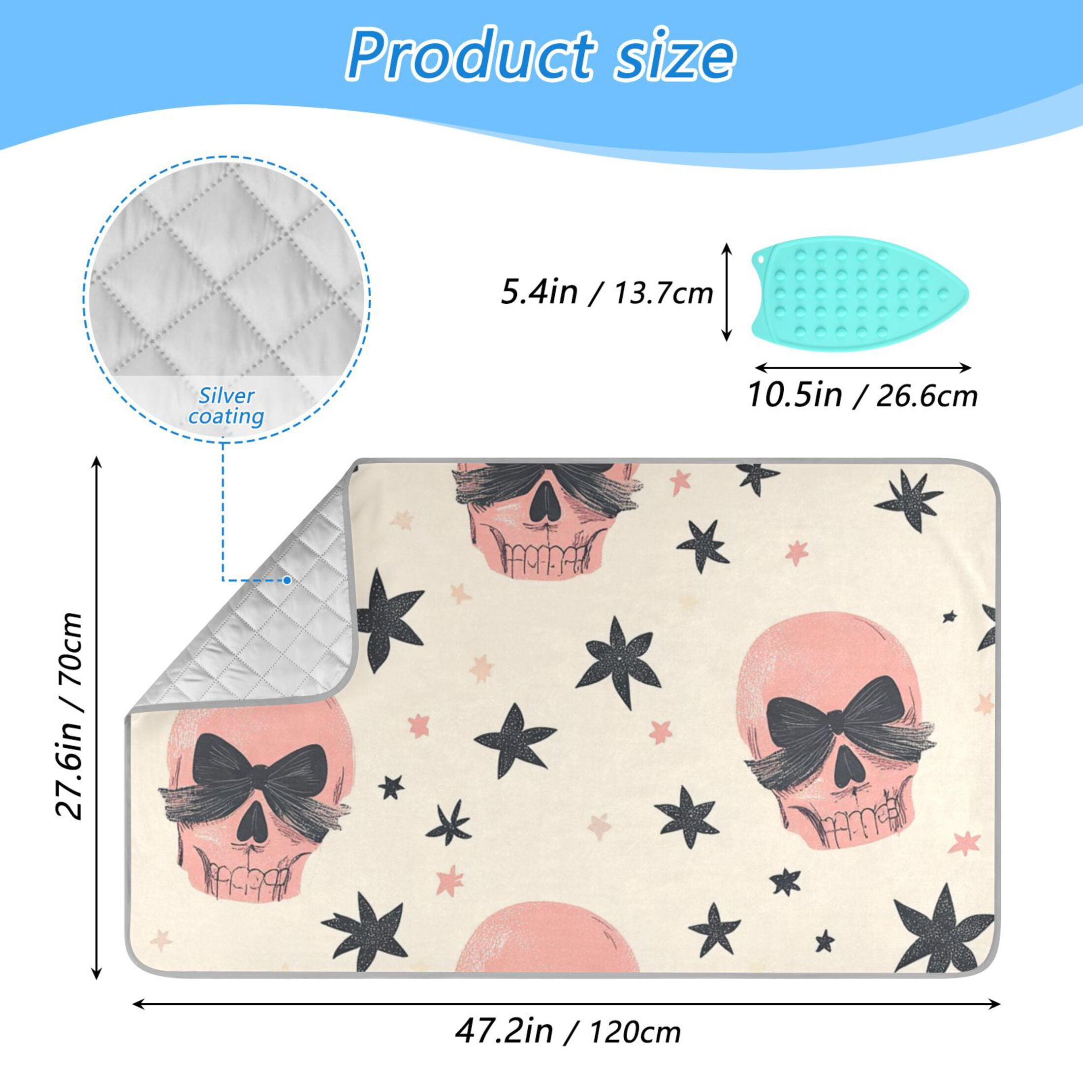 Skulls with Bowknots Stars Ironing Mat Blanket Portable Travel Ironing Pad Heat Resistant Pad 47.2" x 27.6”