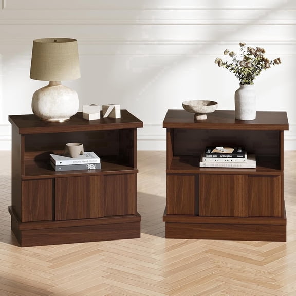 4 Ever Winner 23" Nightstand Set of 2, Walnut Wood Night Stands with Drawer & Storage, Large End Side Tables for Bedroom Living Room