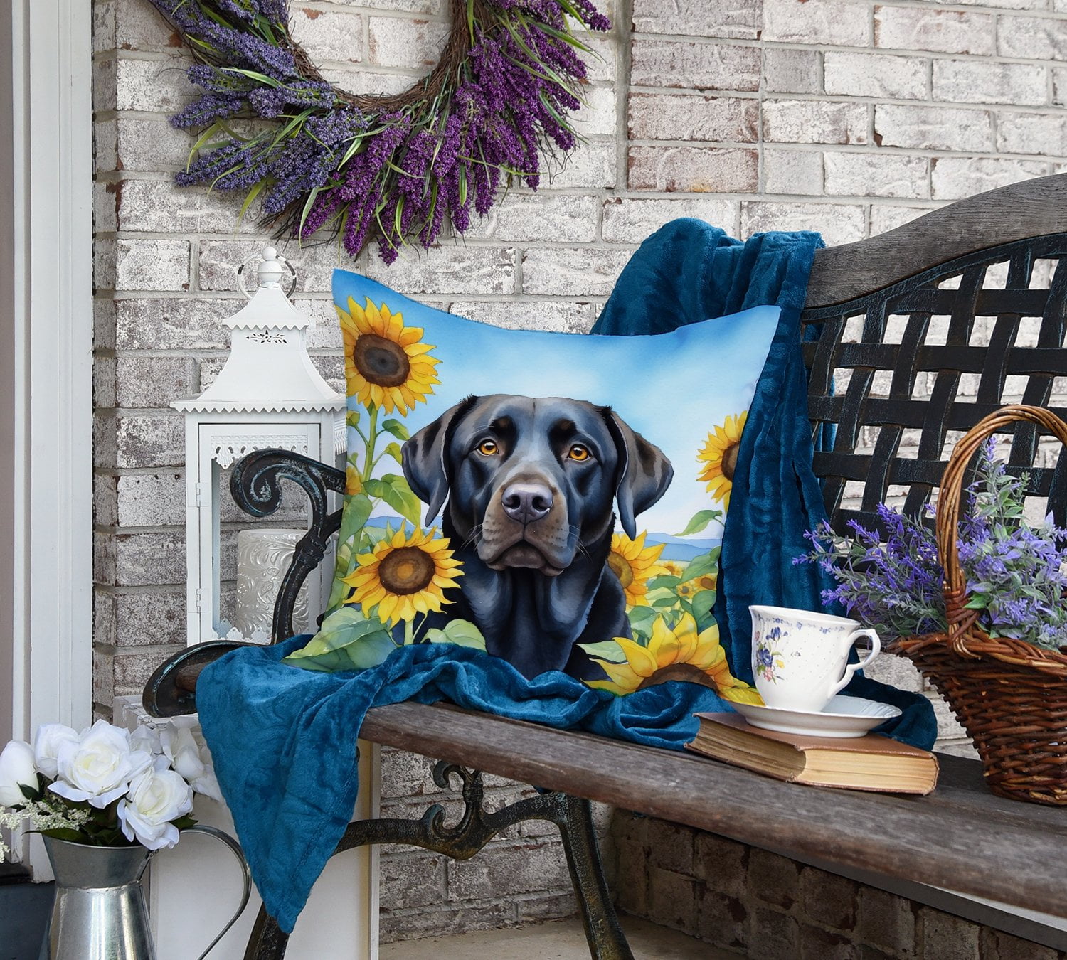 Labrador Retriever in Sunflowers Throw Pillow 18 in x 18 in