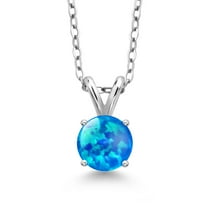 Gem Stone King 0.86 Ct Round Cabochon Blue Simulated Opal 925 Sterling Silver Pendant with Chain
