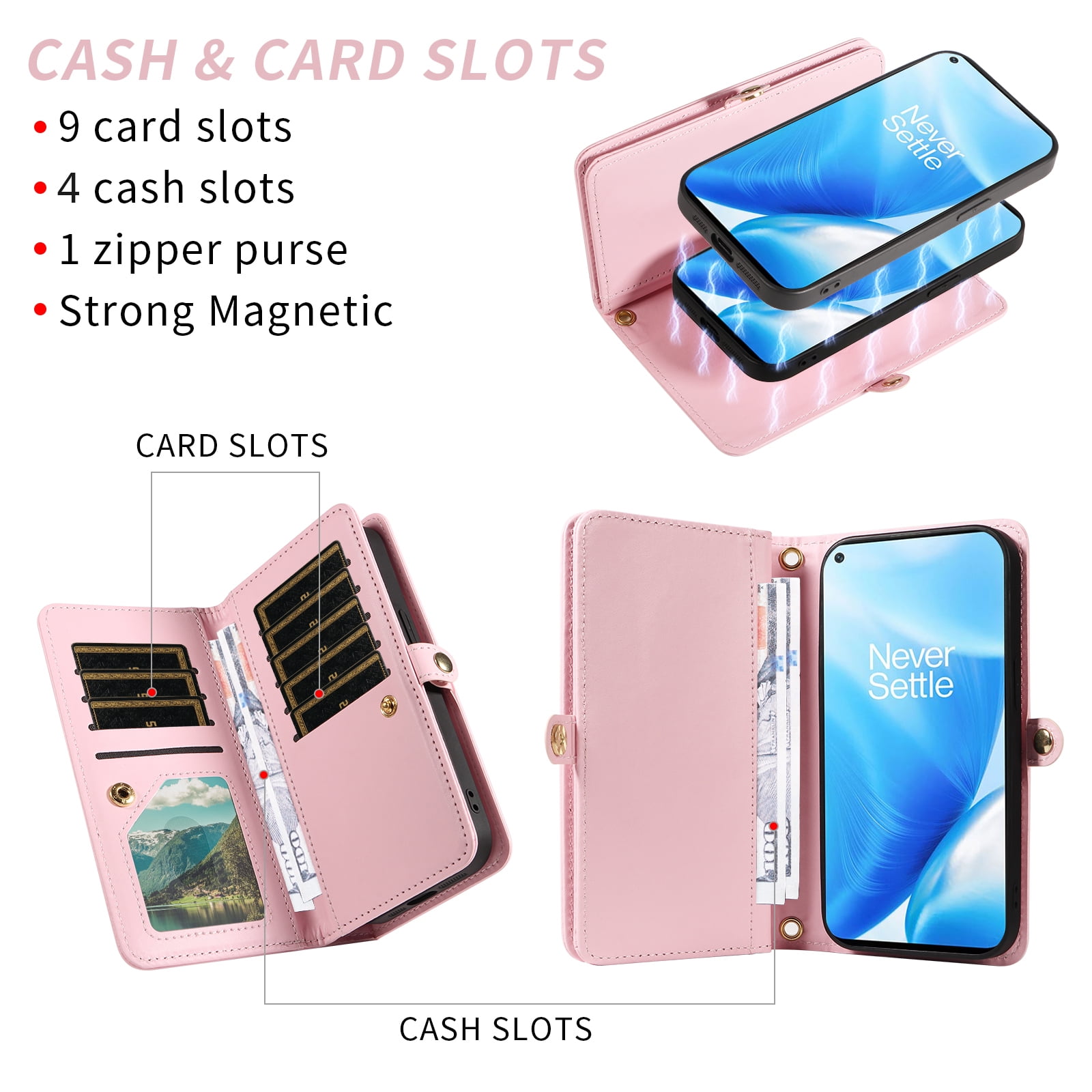 Phone Case for OnePlus Nord N200 5G Zipper Wallet Detachable Cell Cover with Tempered Glass Screen Protector Crossbody Lanyard Strap Bling Glitter Flip Card Holder Slot One Plus N 200 G5 Women Pink