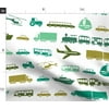 Spoonflower Fabric - Green Boys Train Car Boat Truck Printed on Fleece Fabric by the Yard - Sewing Blankets Loungewear and No-Sew Projects