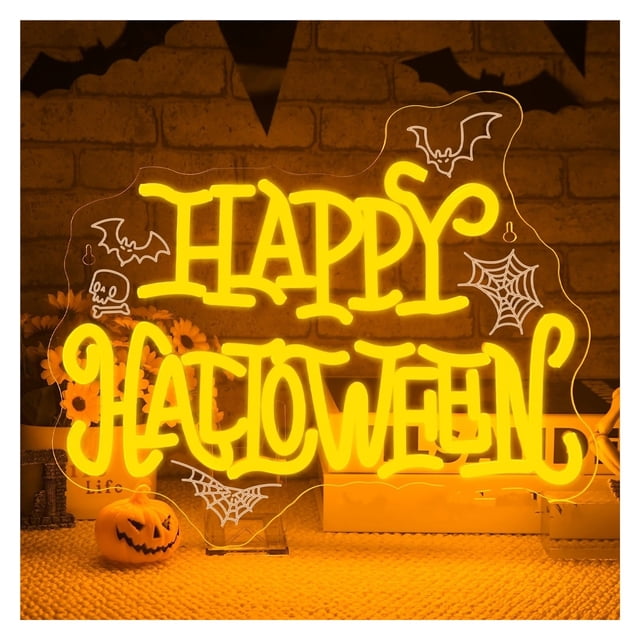Letrero de neón"Happy Halloween"murciélagos, telarañas, calavera, luz LED regulable, decoración pared para fiesta del Día las Reliquias 15.35×12.4in