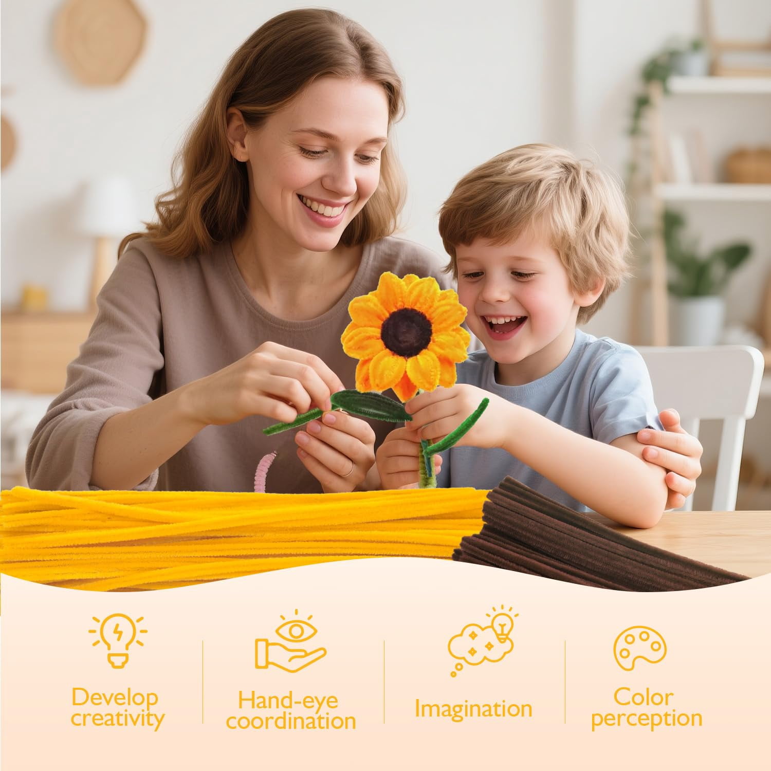 MQUPIN 450 Pcs Pipe Cleaners,12Inch 6 Colors Pipe Cleaners for Crafts DIY Flowers Kits Tulip Lily Rose Sunflower Thick Fluffy Pipe Cleaners Craft Supplies Adult Handmade Art Craft Decoration (Yellow)
