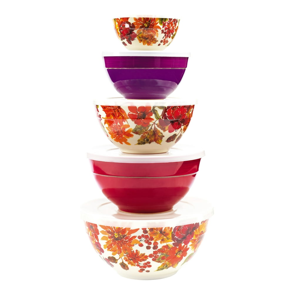 10 Piece Melamine Mixing Bowl Set with Lids, Fall Floral