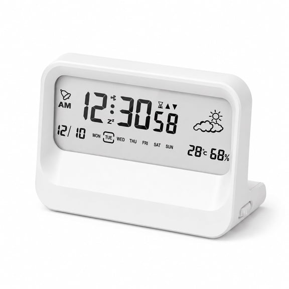 DAYBETTER Digital Alarm Clock, Transparent Bedside Desk Calendar Alarm Clock, Date, Day, Temperature, Weather Display, Timer Function (White)