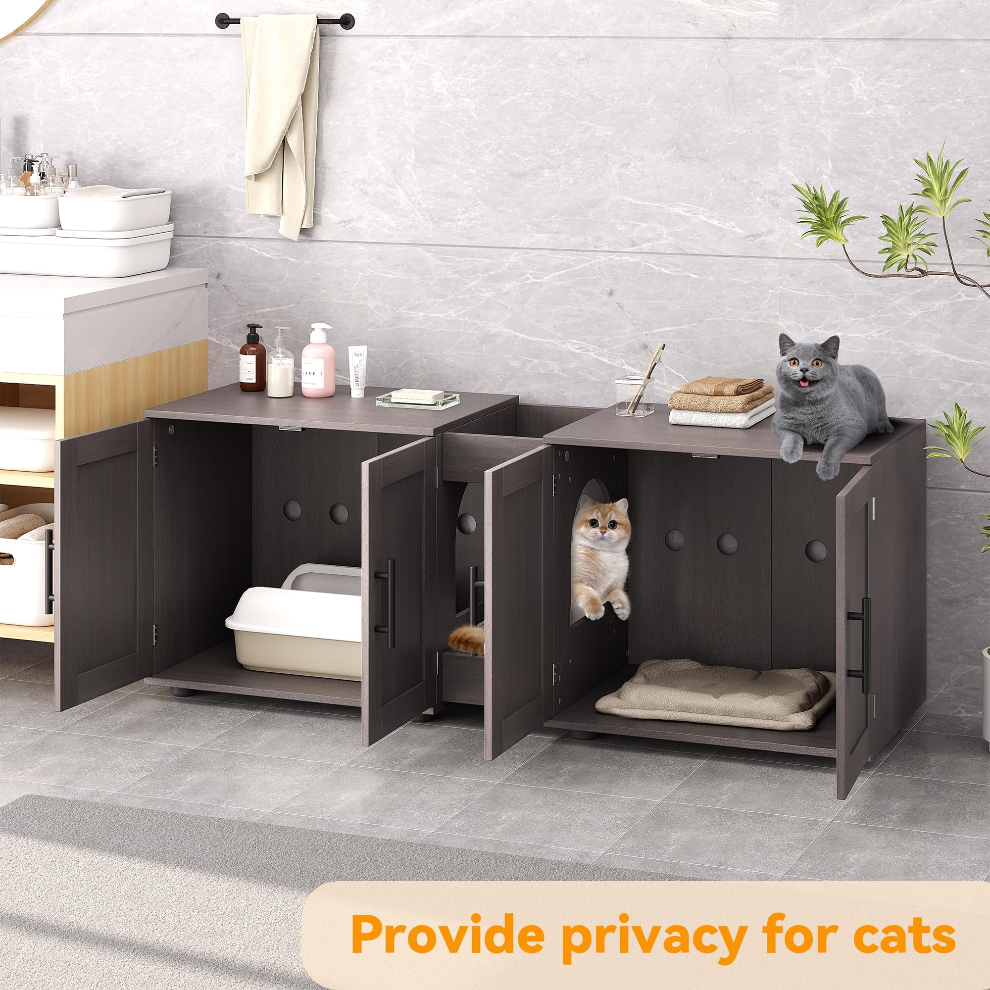 Cat Litter Box Enclosure for 2 Cats, 55" Hiddden Litter Box Enclosure Furniture 3-in-1 Wooden Litter Cabinet with Barn Door & Double Rooms for Bedroom Living Room