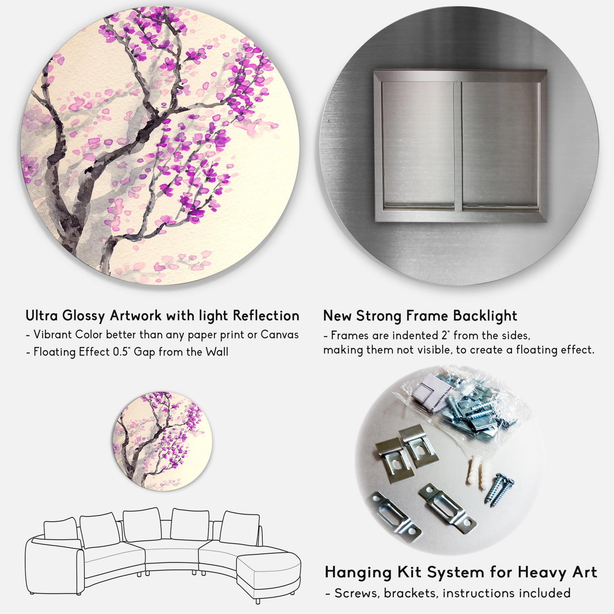 Designart 'Abstract Spring Purple Flowers On Tree Branches' Traditional Circle Metal Wall Art 23x23 - Disc of 23