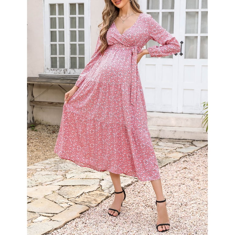 long sleeve casual maternity dress OUGES Fall Maternity Maxi Dresses Long Sleeve Wrap V Neck Baby Shower Dress Maternity Clothes 2025(Apricot Floral,S) at Amazon Women's Clothing store