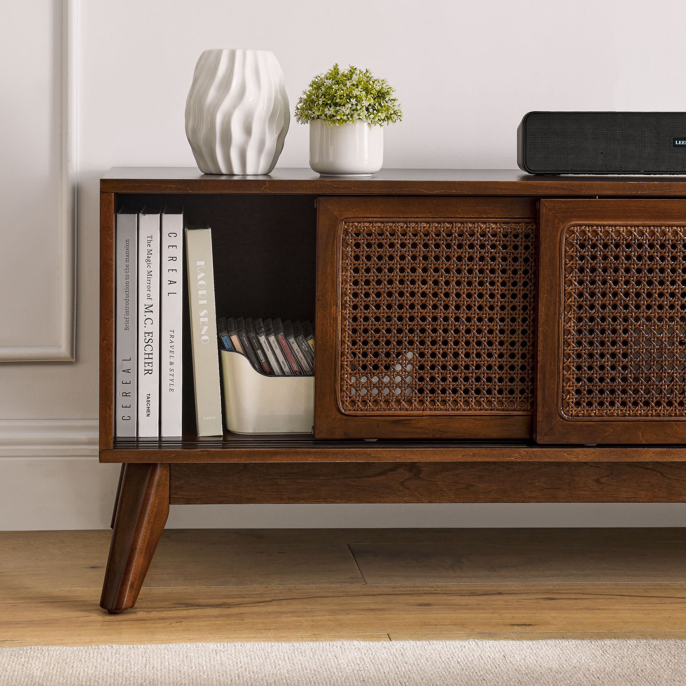 Noble House 59" Mid-Century Rattan TV Stand, Entertainment Cabinet with Sliding Doors, for Living Room, Walnut